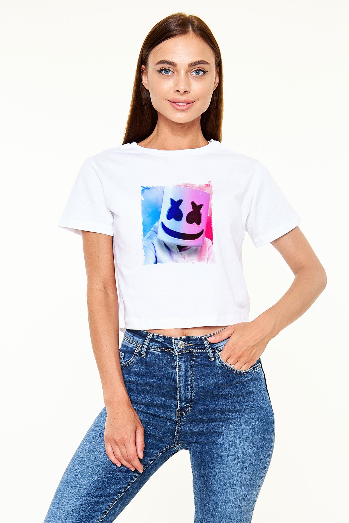 Marshmello Baskılı Beyaz Kadın Crop Top Tişört