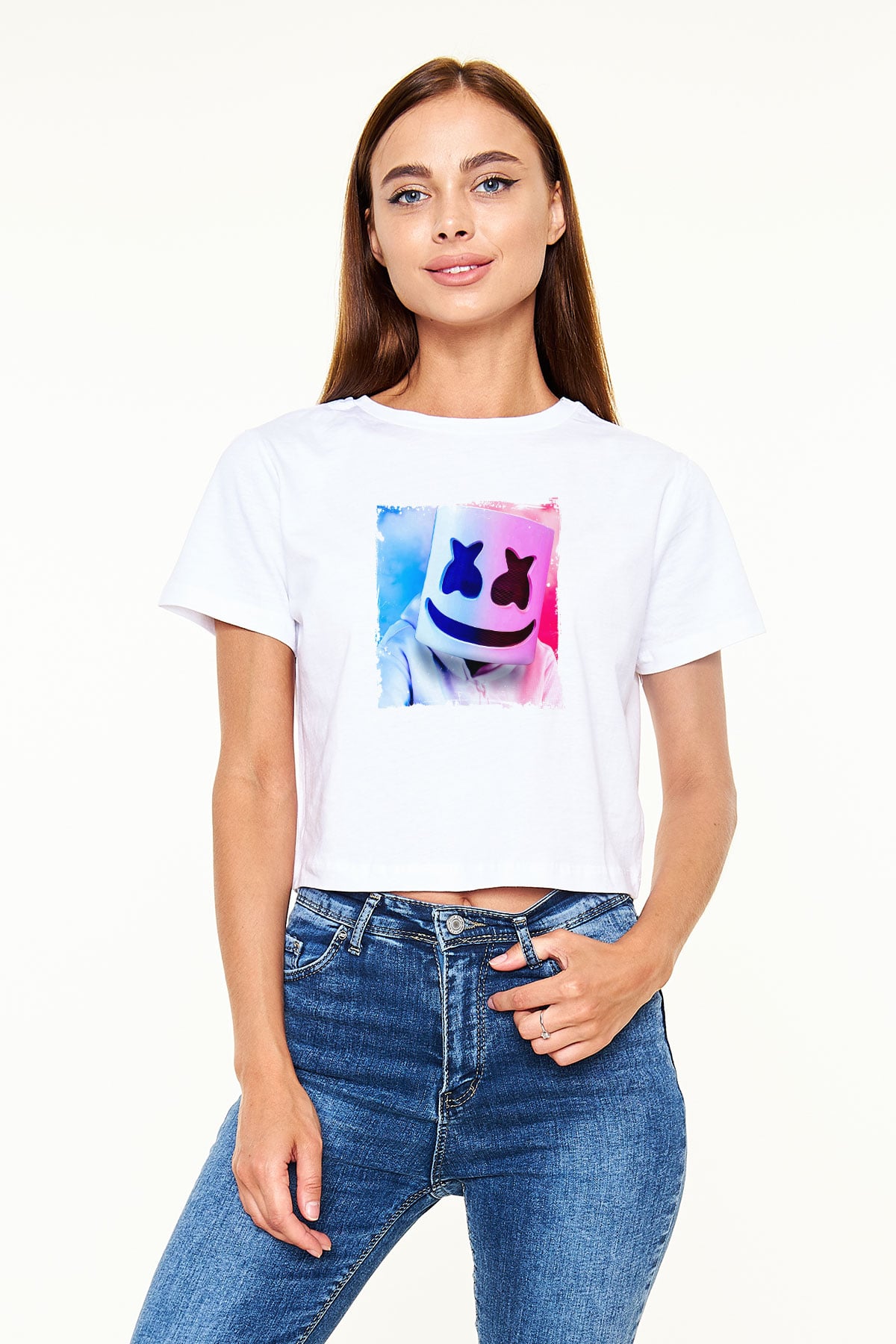 Marshmello Baskılı Beyaz Kadın Crop Top Tişört