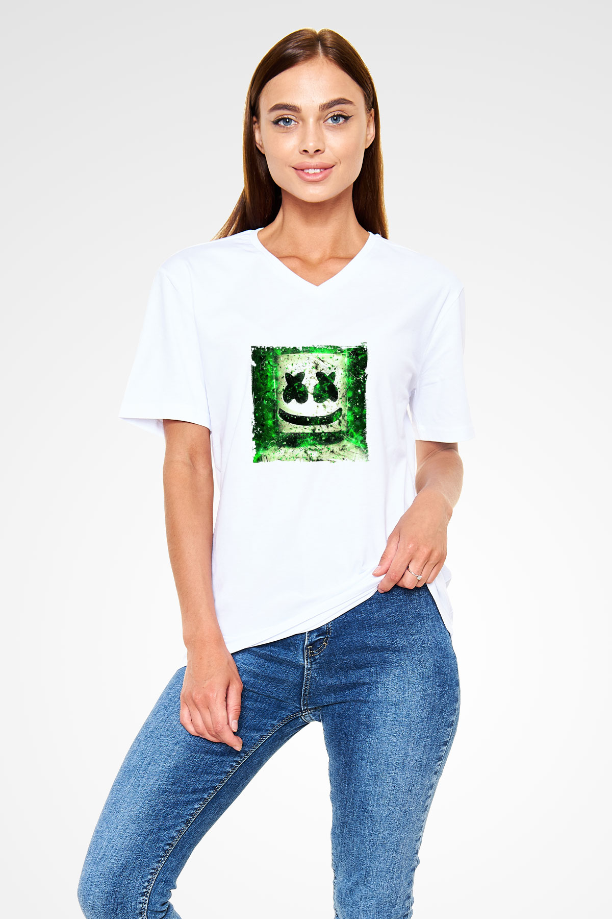 Marshmello Baskılı Beyaz V Yaka Unisex Tişört