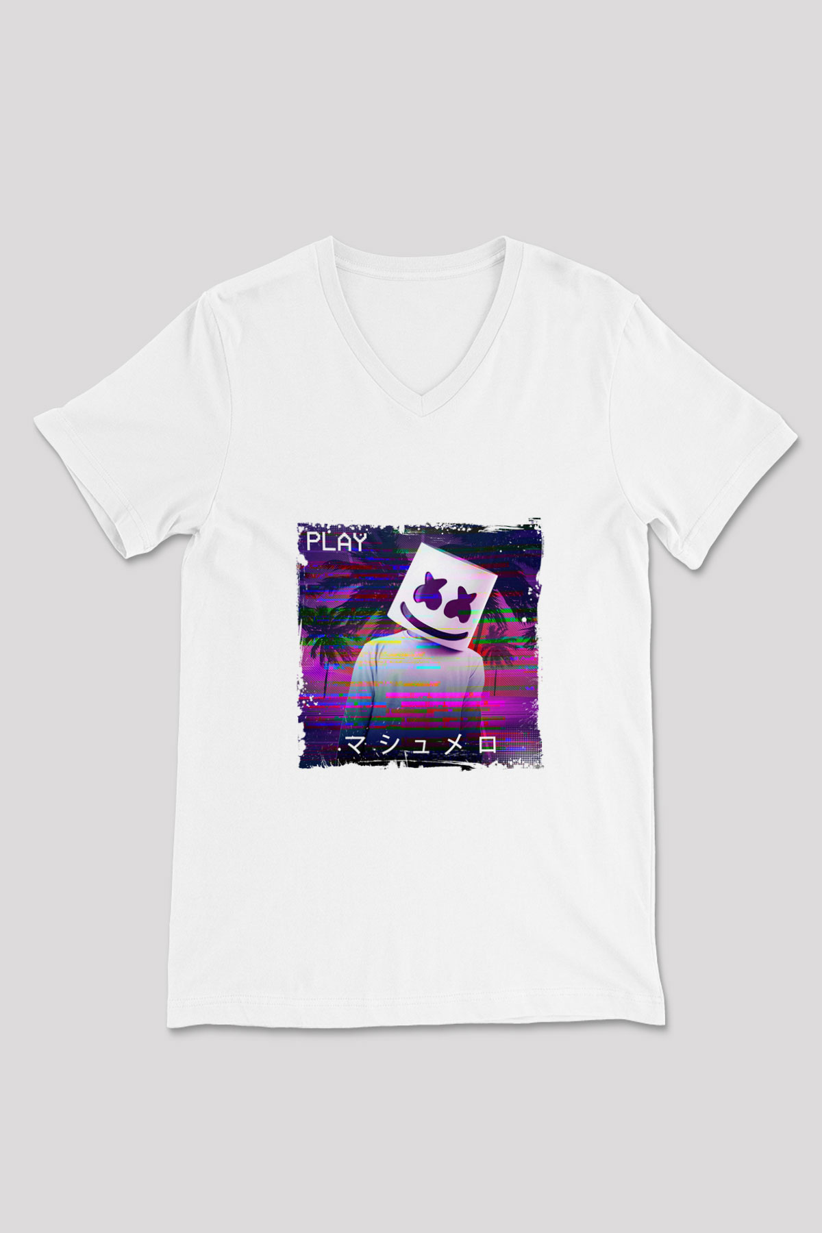 Marshmello Baskılı Beyaz V Yaka Unisex Tişört
