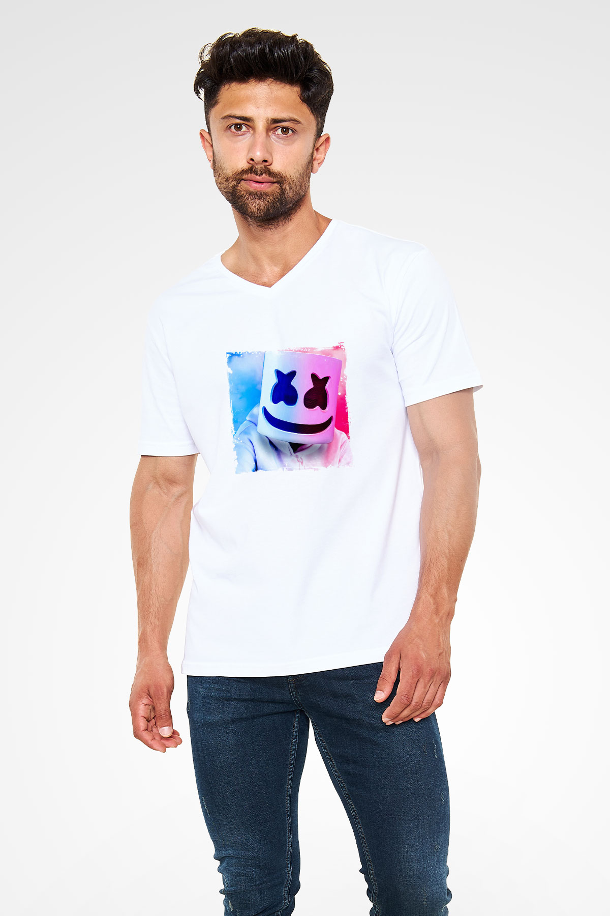 Marshmello Baskılı Beyaz V Yaka Unisex Tişört