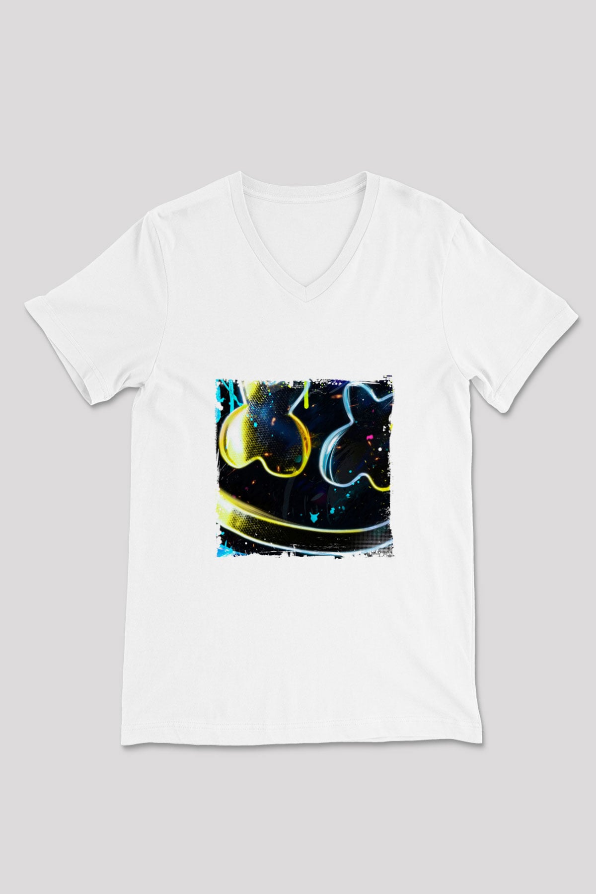 Marshmello Baskılı Beyaz V Yaka Unisex Tişört