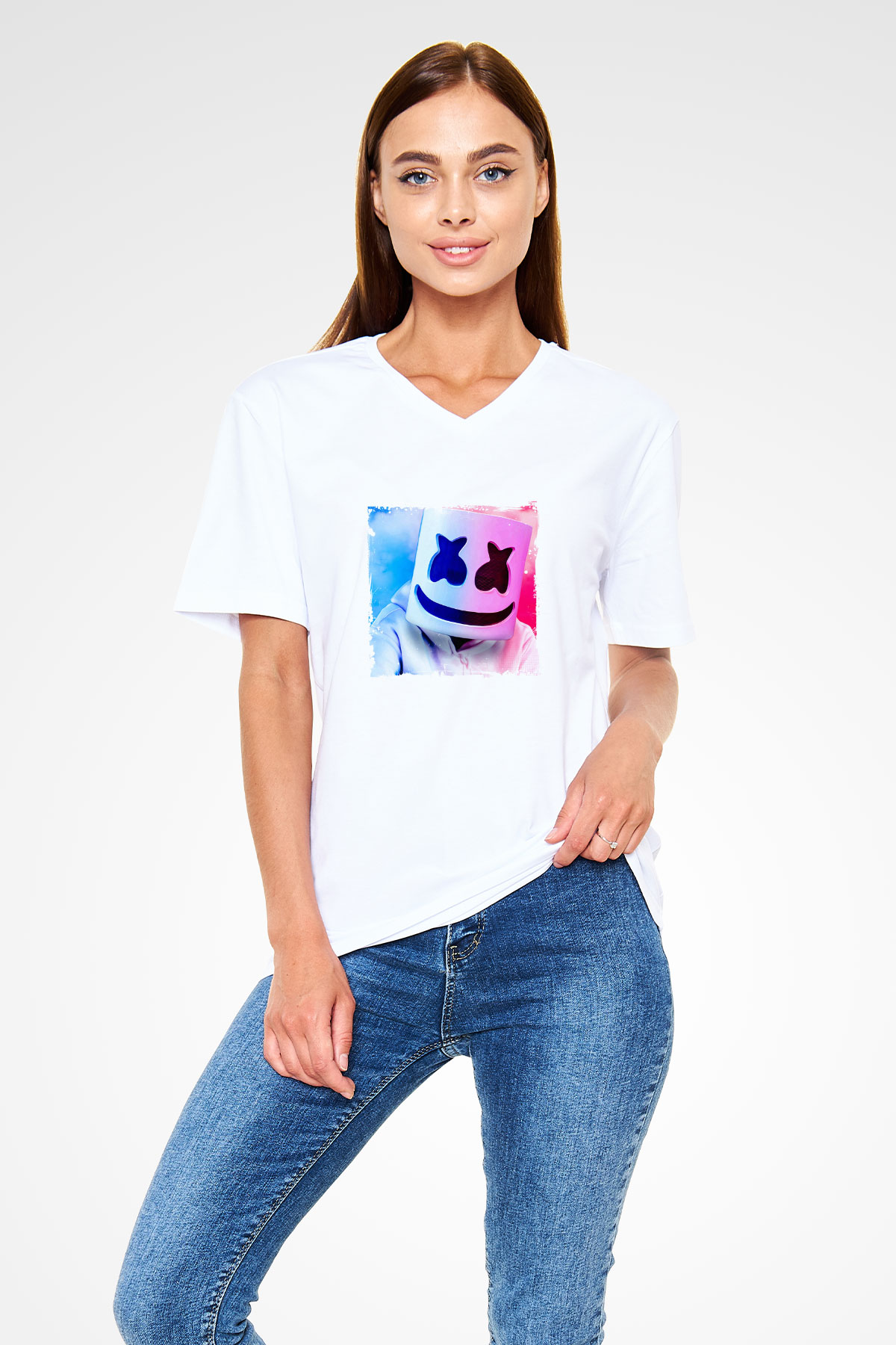 Marshmello Baskılı Beyaz V Yaka Unisex Tişört