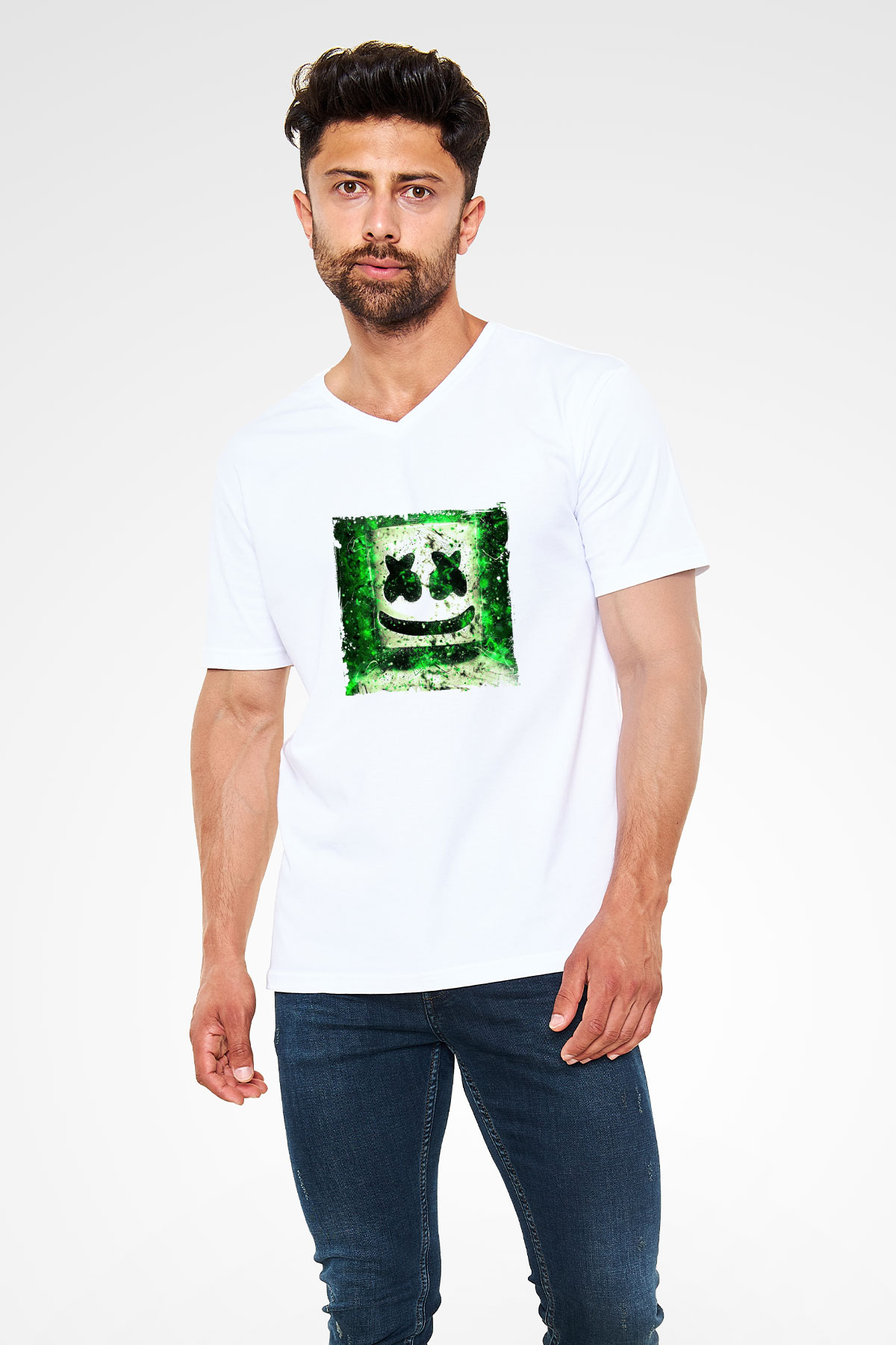 Marshmello Baskılı Beyaz V Yaka Unisex Tişört