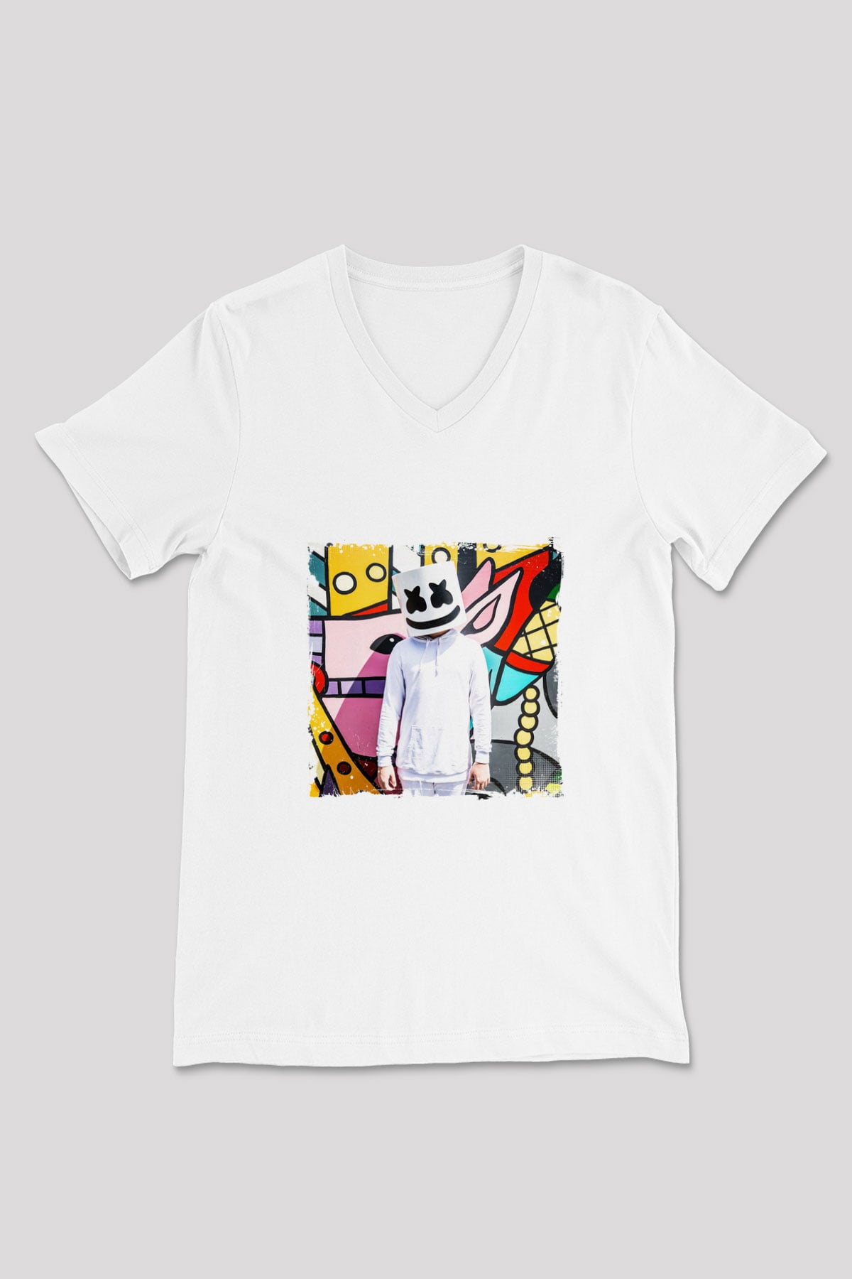 Marshmello Baskılı Beyaz V Yaka Unisex Tişört