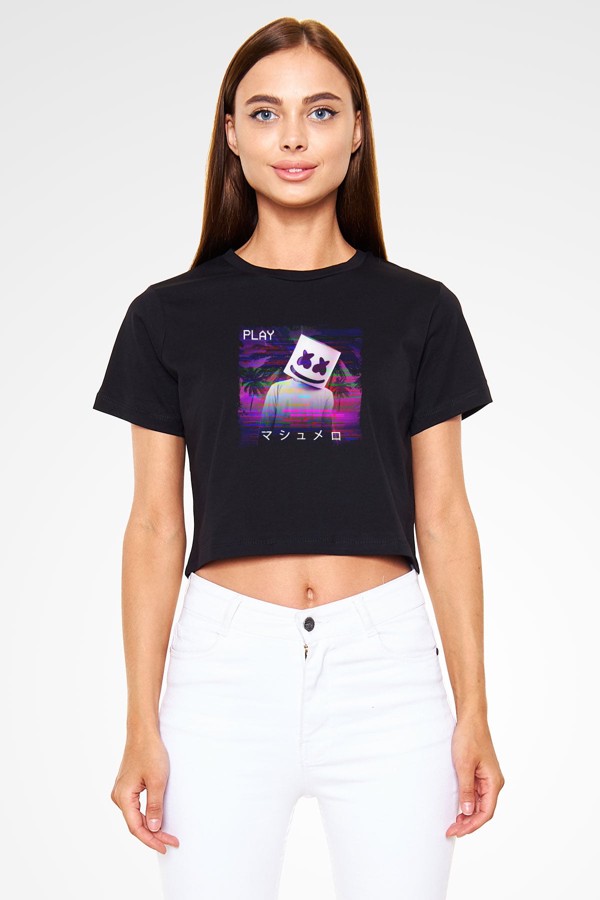 Marshmello Baskılı Crop Top Siyah Kadın Tişört