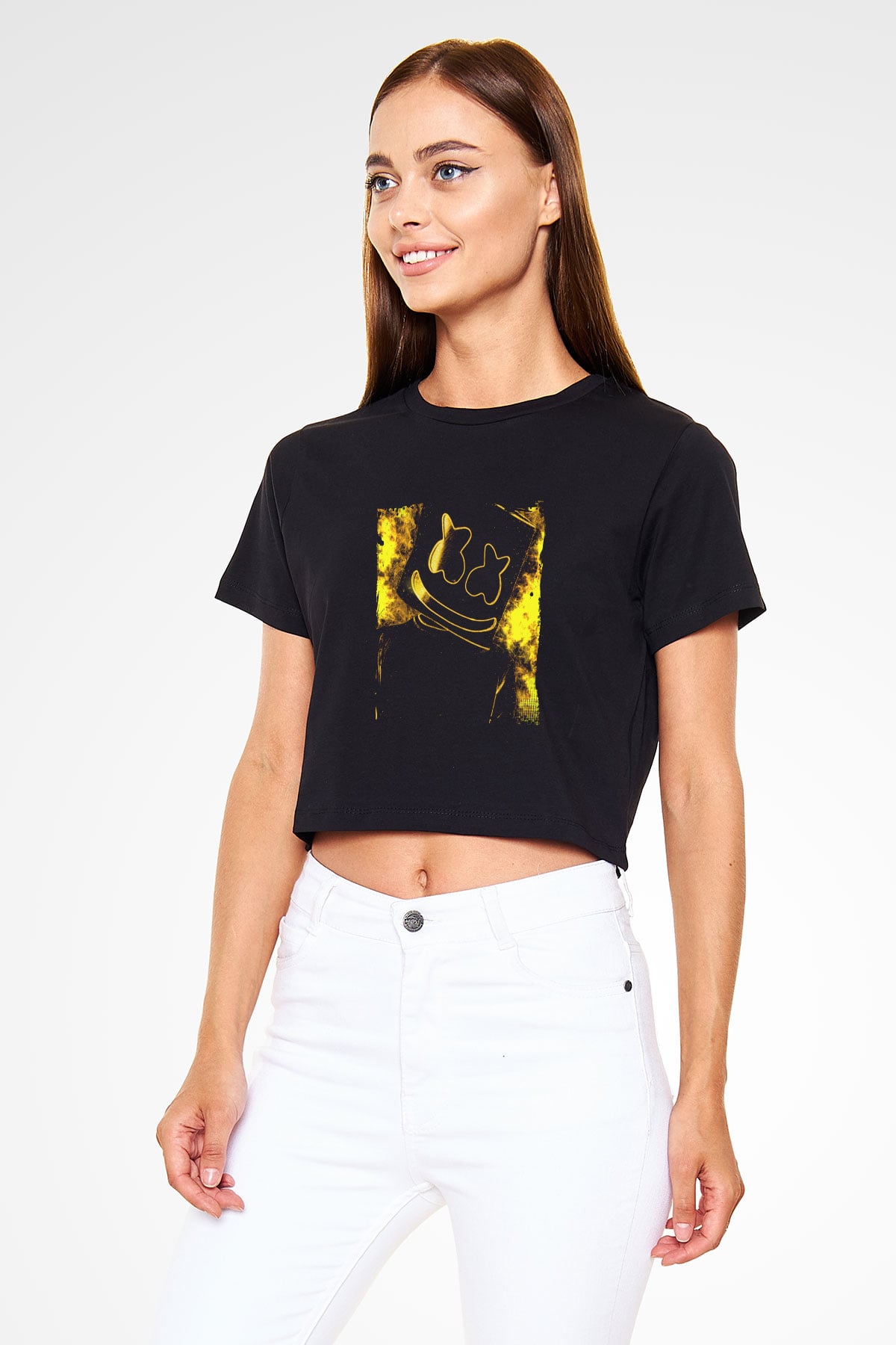 Marshmello Baskılı Crop Top Siyah Kadın Tişört