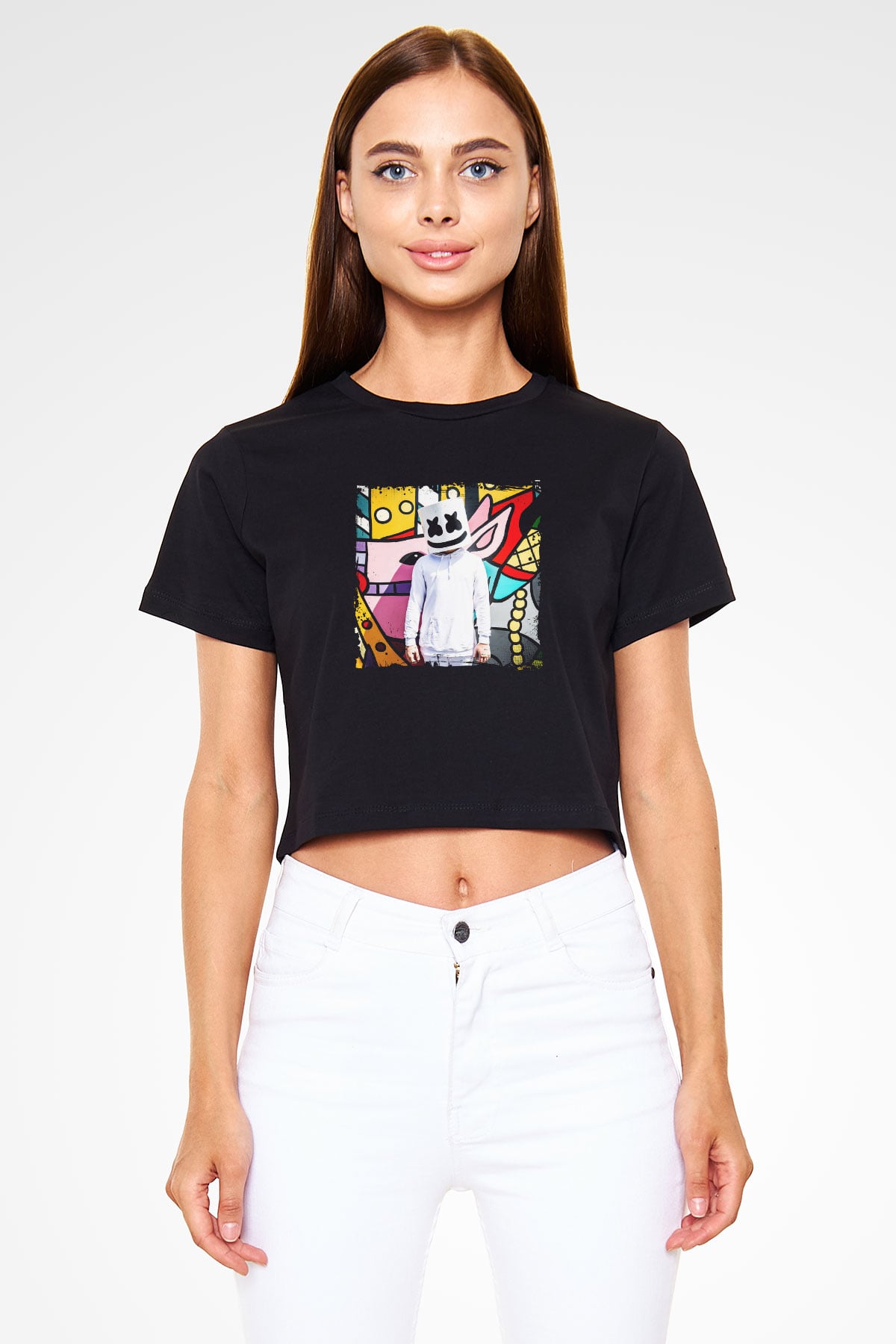 Marshmello Baskılı Crop Top Siyah Kadın Tişört
