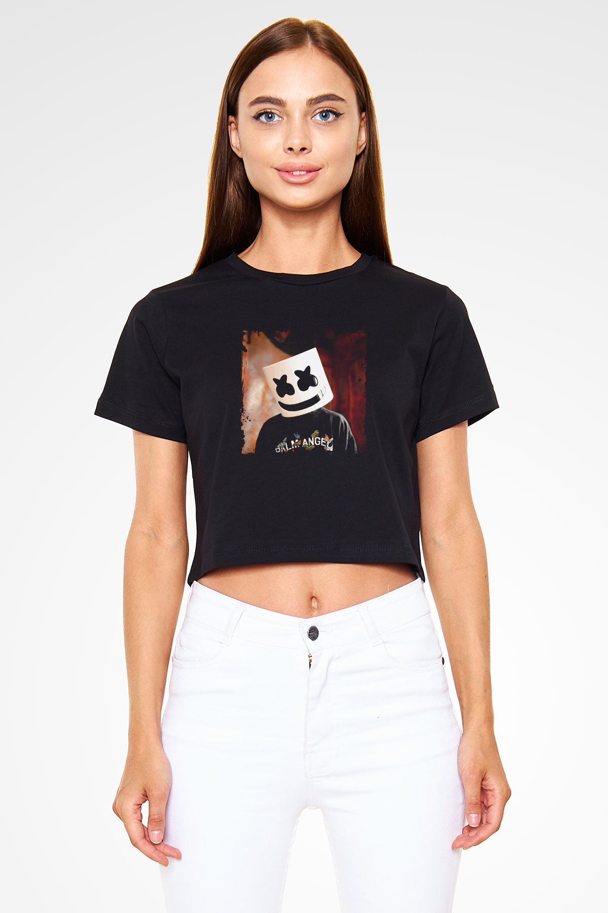 Marshmello Baskılı Crop Top Siyah Kadın Tişört