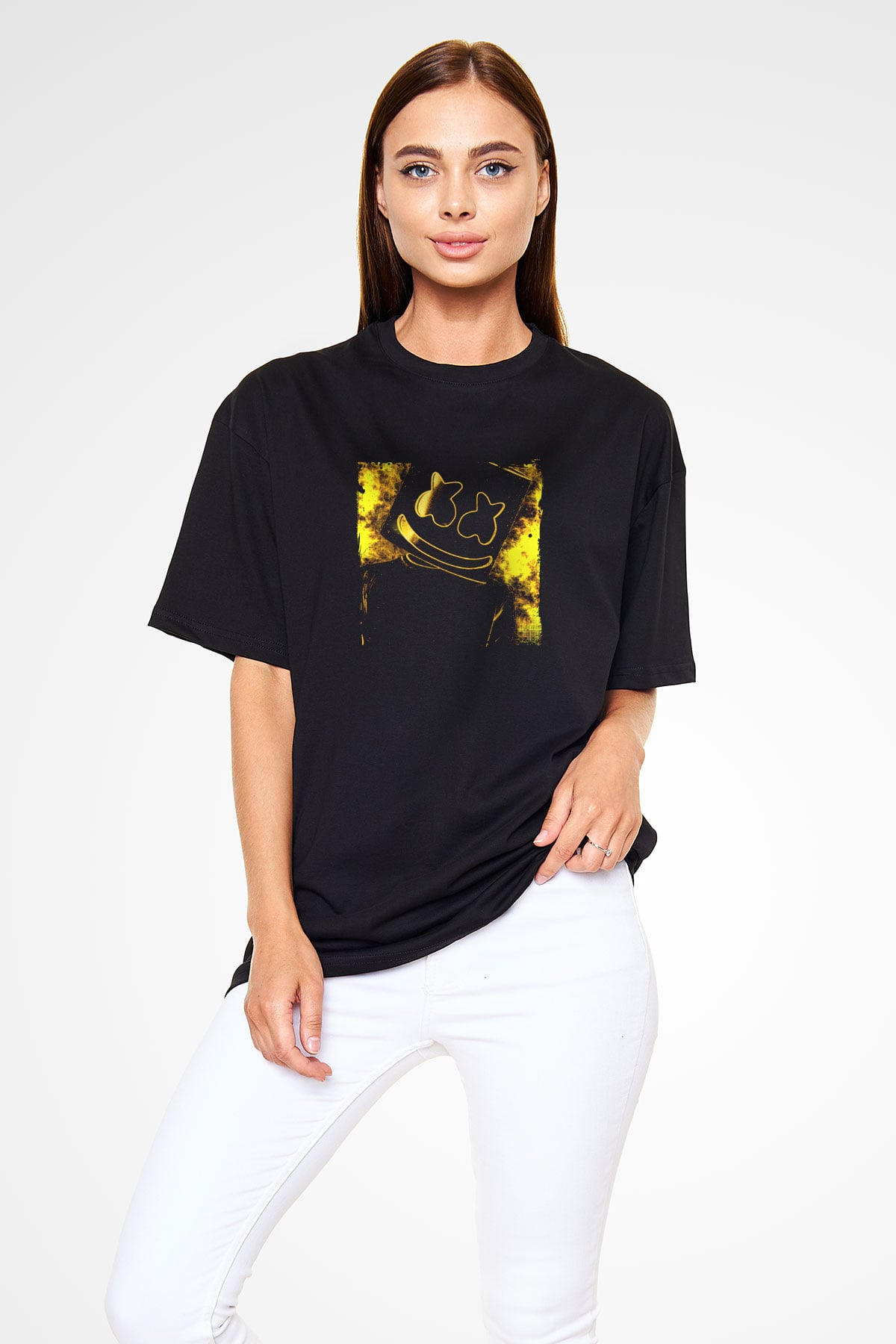 Marshmello Baskılı Unisex Oversize Siyah Tişört