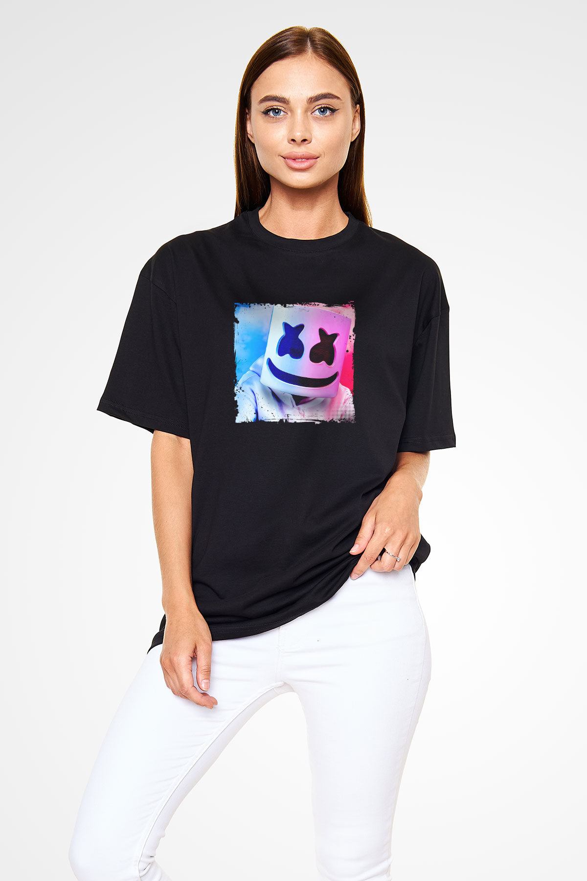 Marshmello Baskılı Unisex Oversize Siyah Tişört