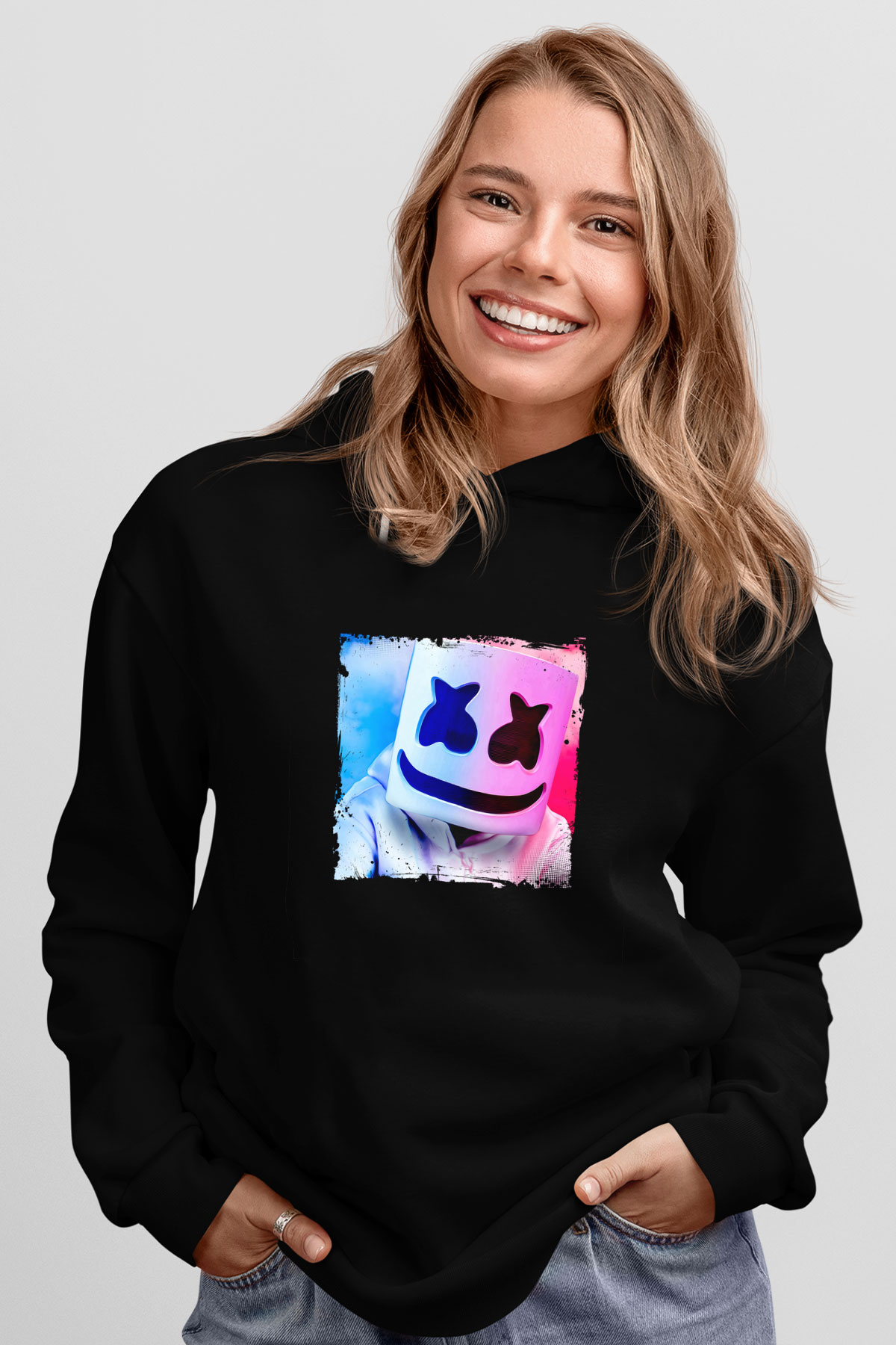 Marshmello Baskılı Unisex Siyah Hoodie