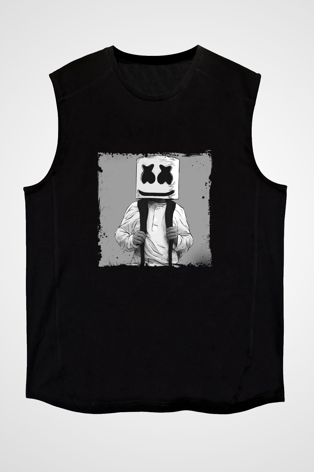 Marshmello Baskılı Unisex Siyah Kolsuz Tişört