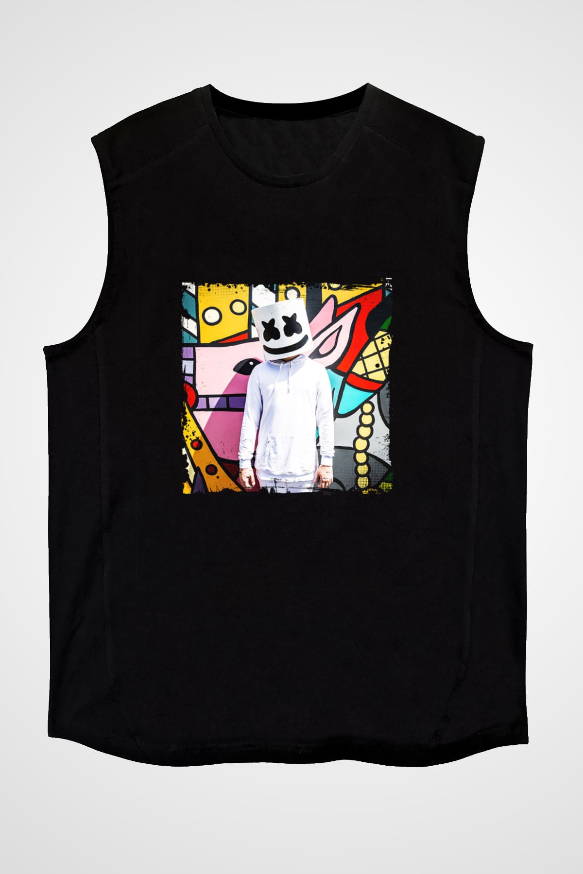 Marshmello Baskılı Unisex Siyah Kolsuz Tişört