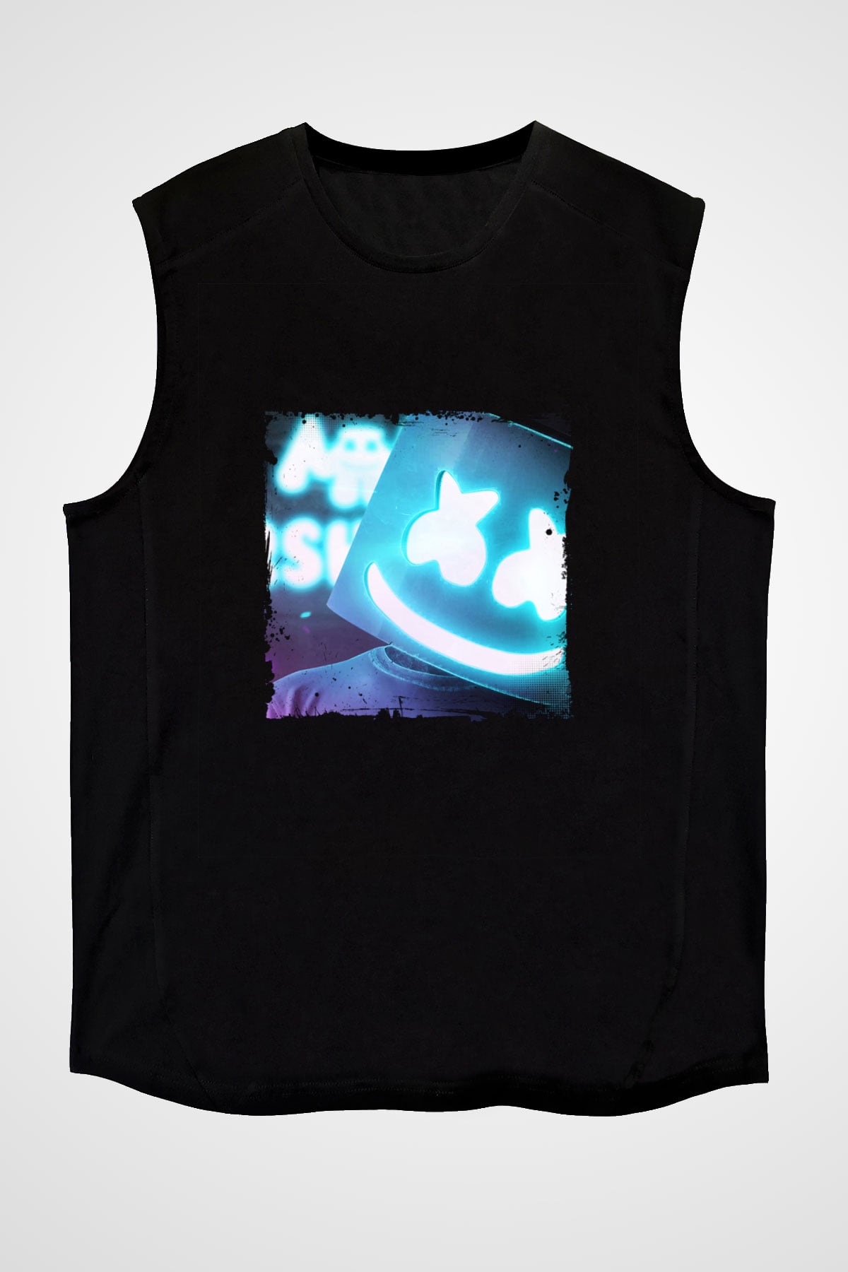 Marshmello Baskılı Unisex Siyah Kolsuz Tişört