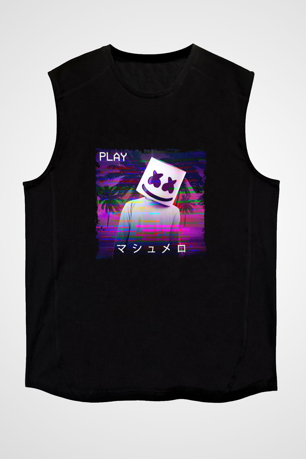 Marshmello Baskılı Unisex Siyah Kolsuz Tişört
