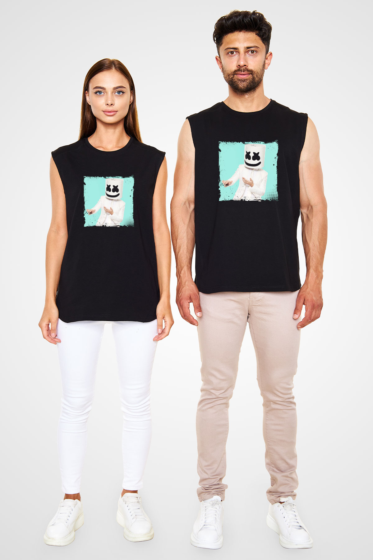 Marshmello Baskılı Unisex Siyah Kolsuz Tişört