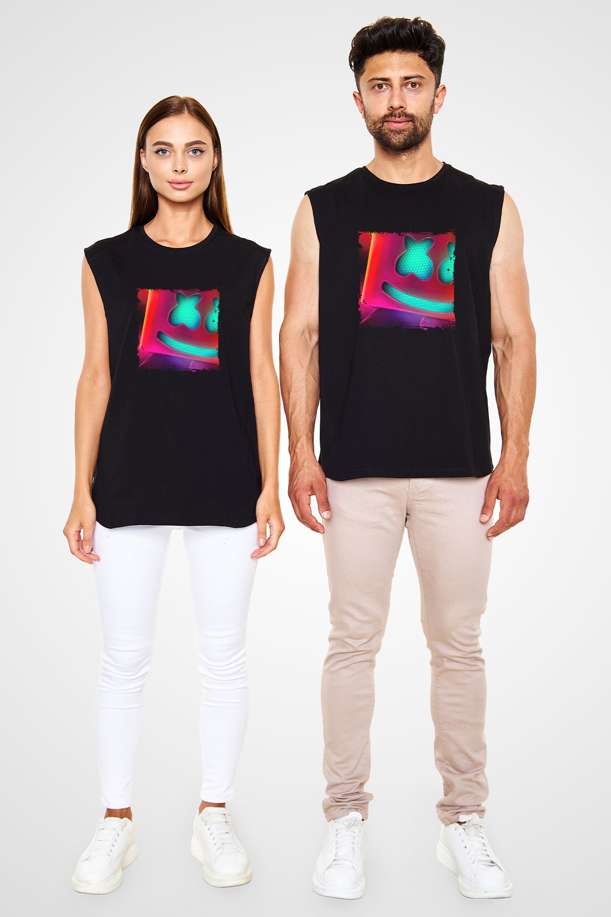 Marshmello Baskılı Unisex Siyah Kolsuz Tişört