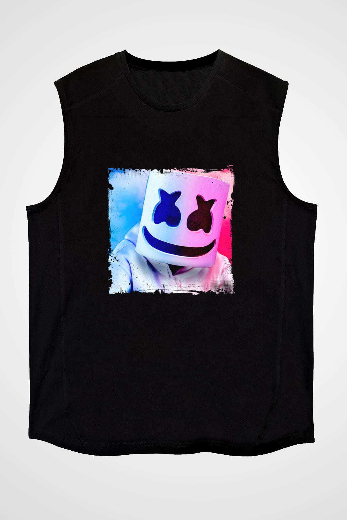 Marshmello Baskılı Unisex Siyah Kolsuz Tişört