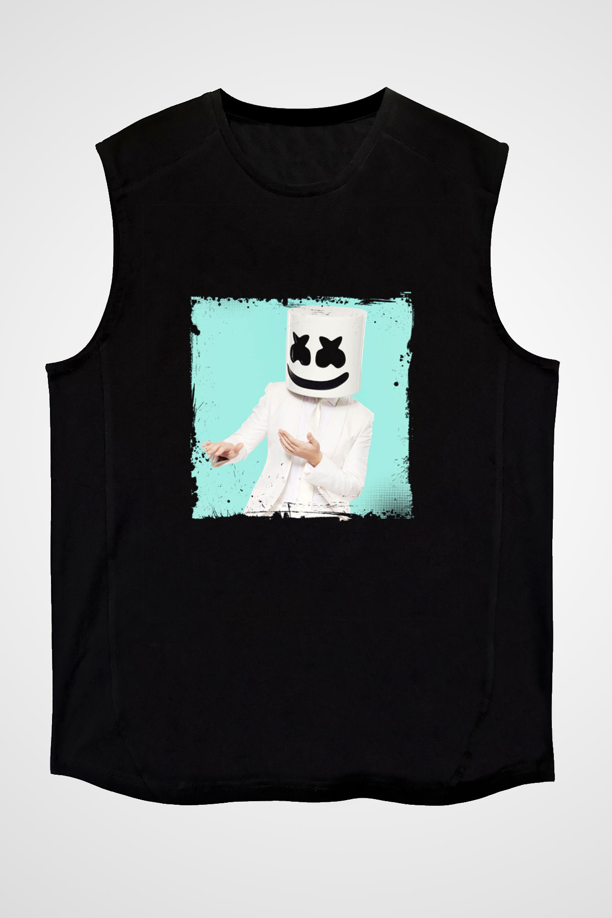 Marshmello Baskılı Unisex Siyah Kolsuz Tişört