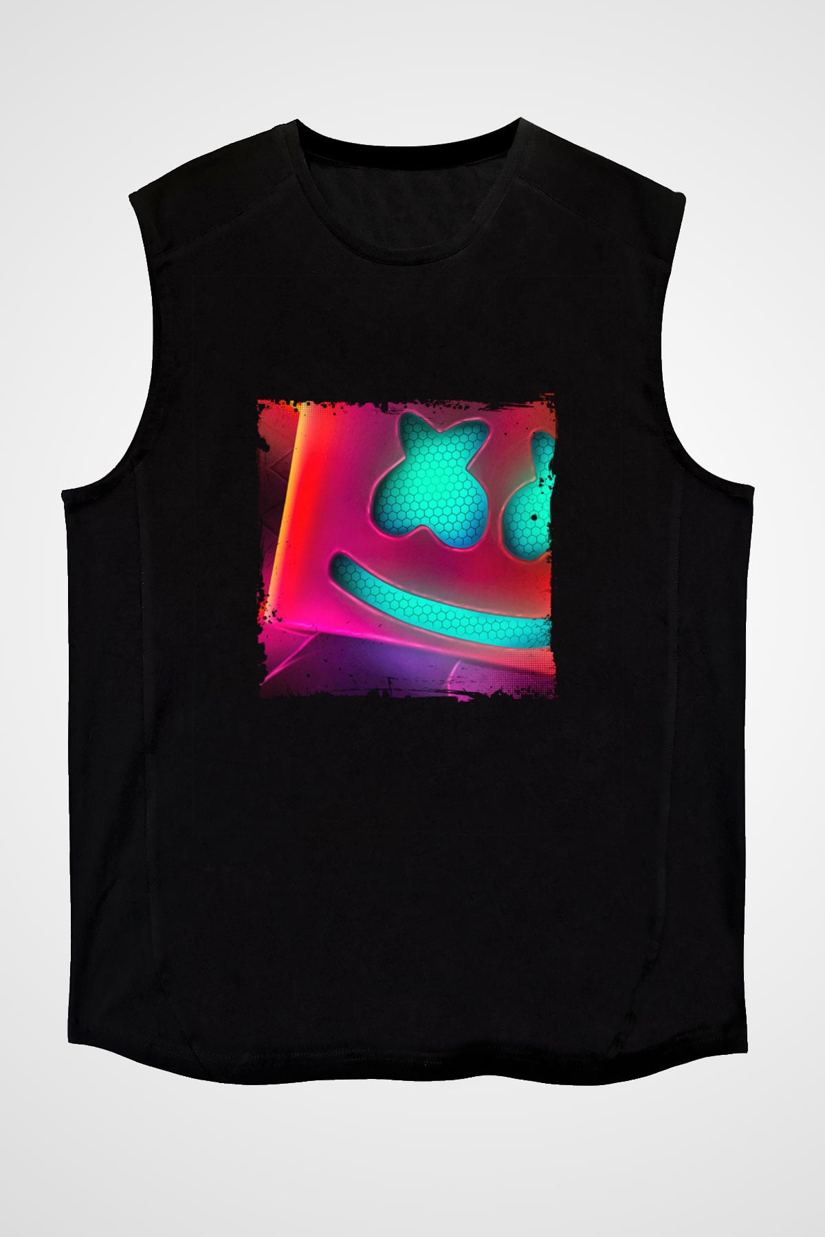 Marshmello Baskılı Unisex Siyah Kolsuz Tişört