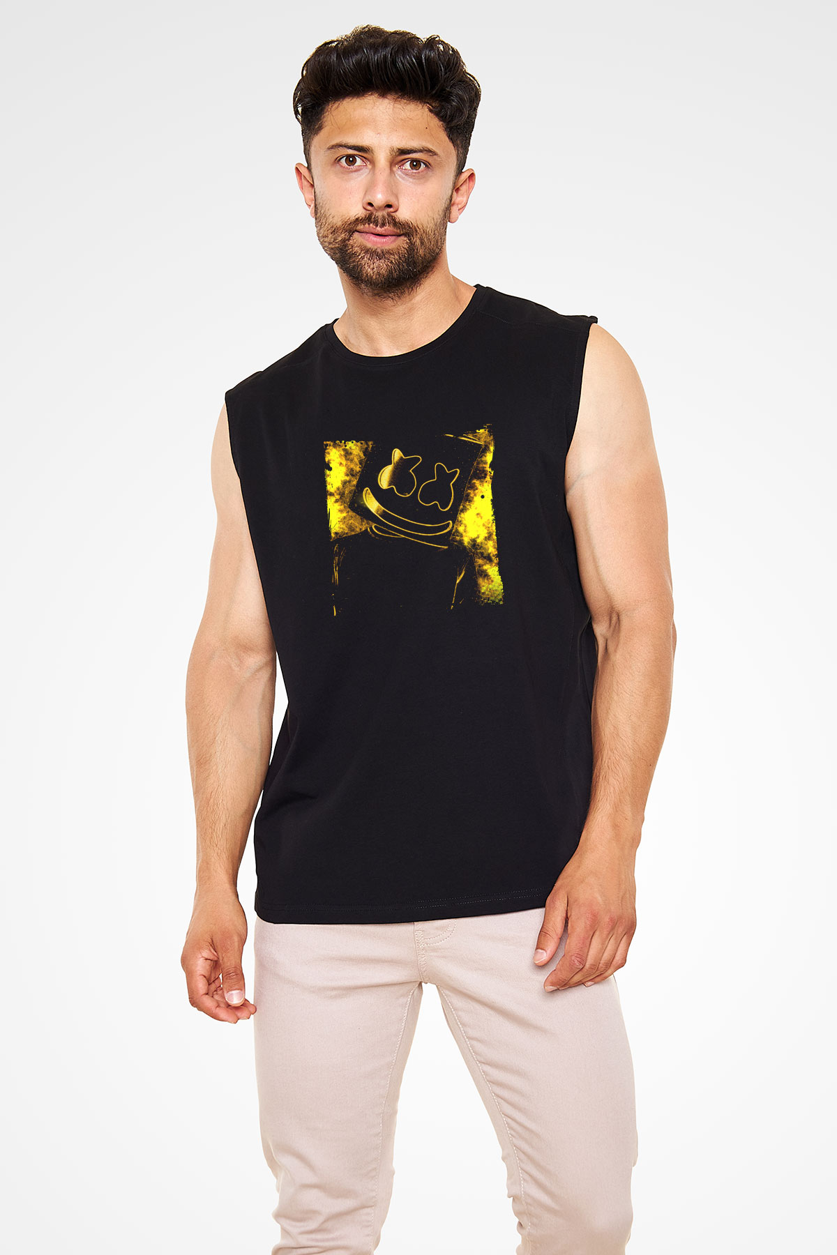 Marshmello Baskılı Unisex Siyah Kolsuz Tişört