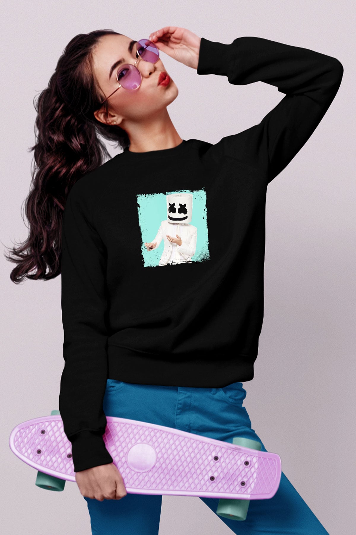 Marshmello Baskılı Unisex Siyah Sweatshirt