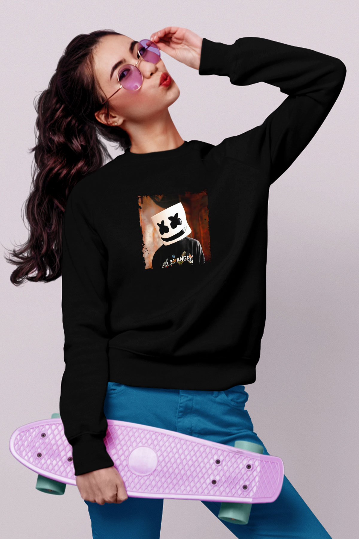 Marshmello Baskılı Unisex Siyah Sweatshirt