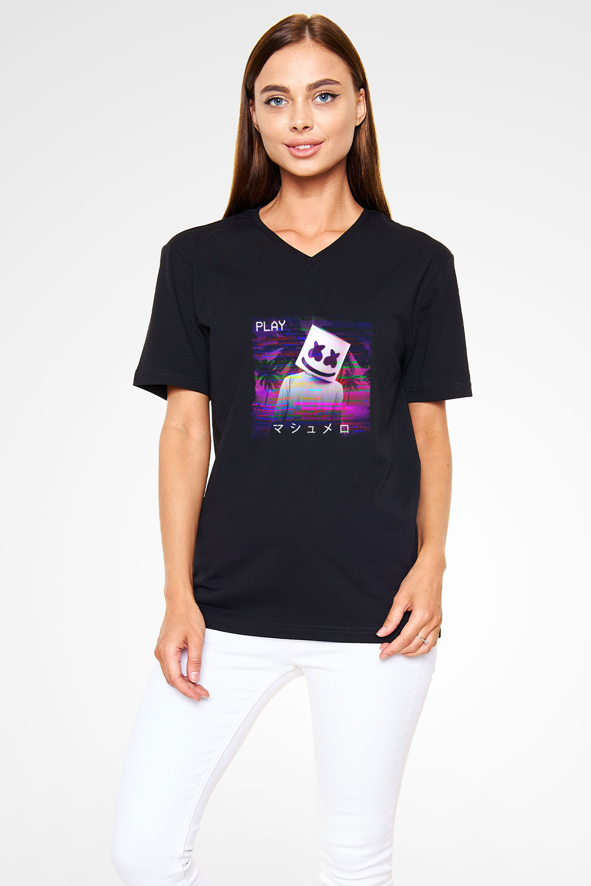 Marshmello Baskılı Unisex Siyah V Yaka Tişört