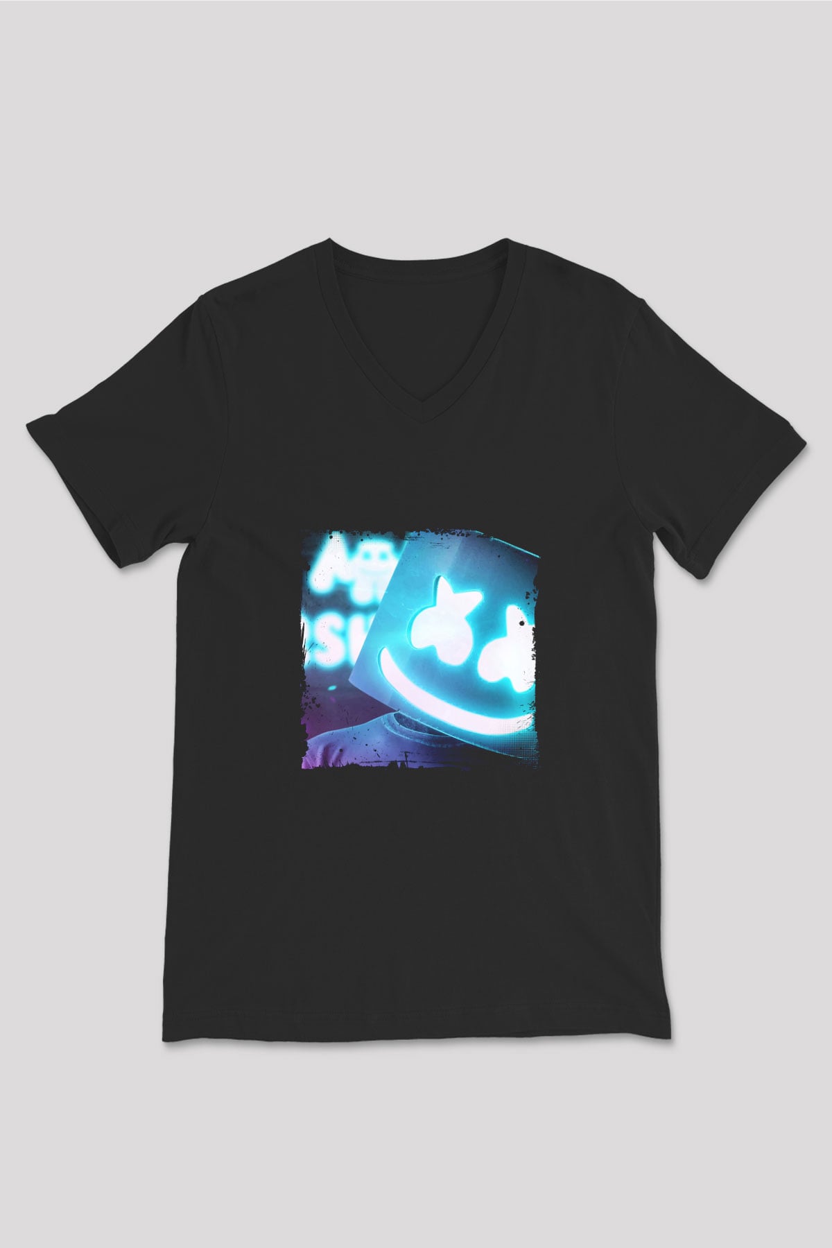 Marshmello Baskılı Unisex Siyah V Yaka Tişört