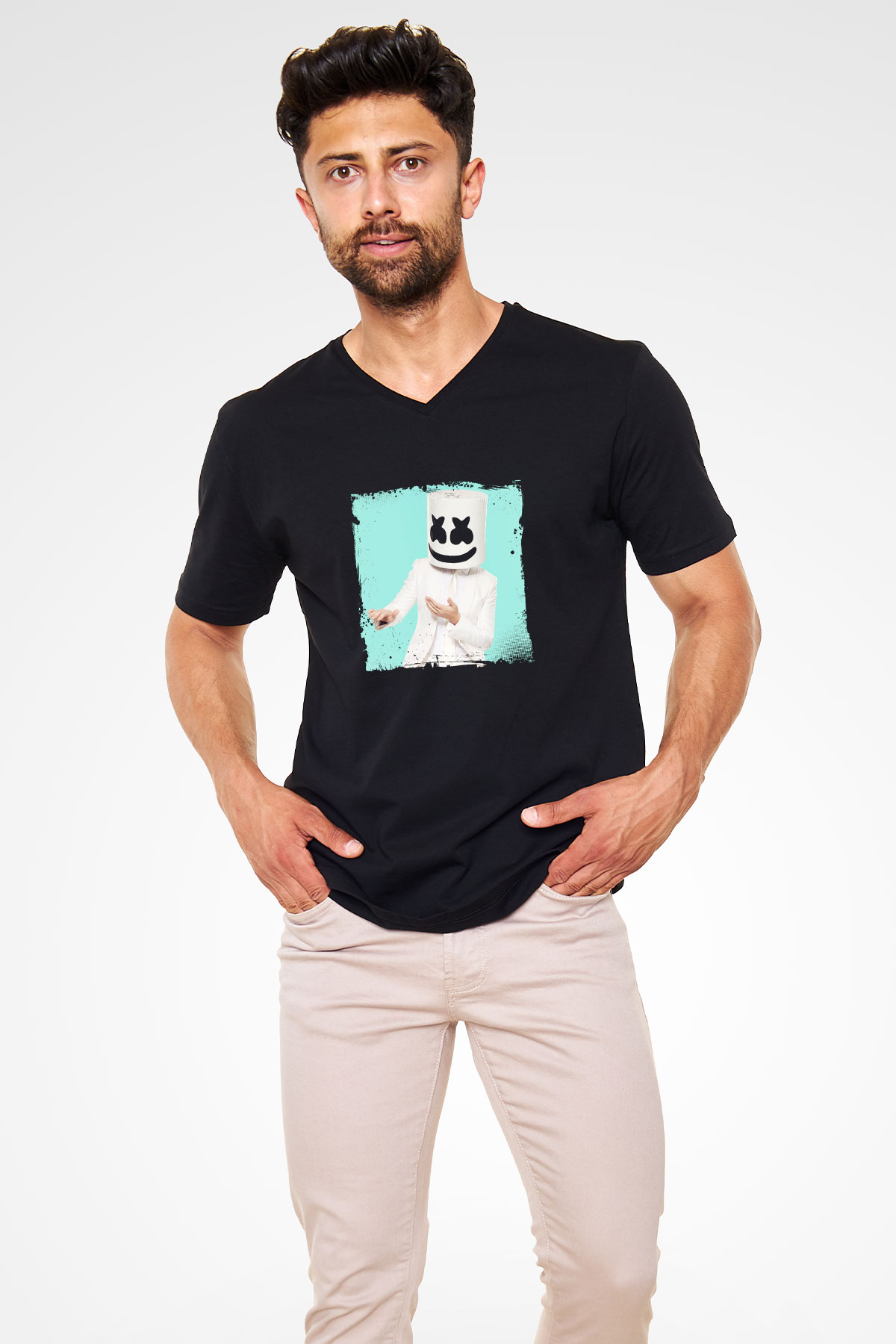 Marshmello Baskılı Unisex Siyah V Yaka Tişört