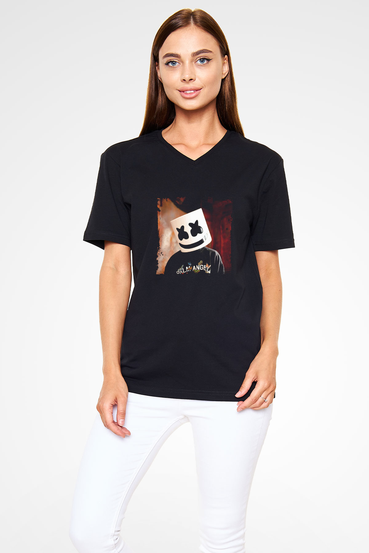 Marshmello Baskılı Unisex Siyah V Yaka Tişört
