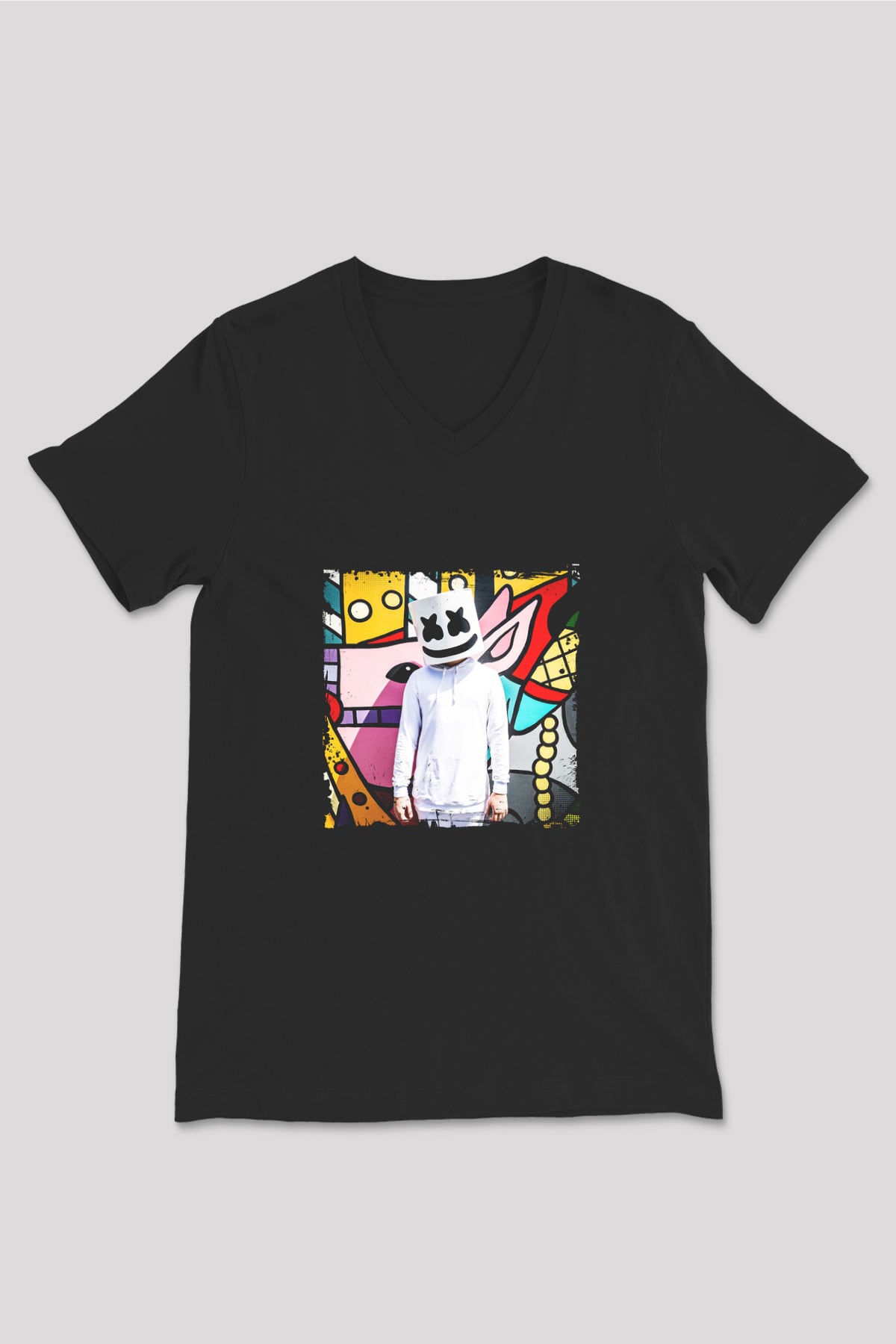 Marshmello Baskılı Unisex Siyah V Yaka Tişört