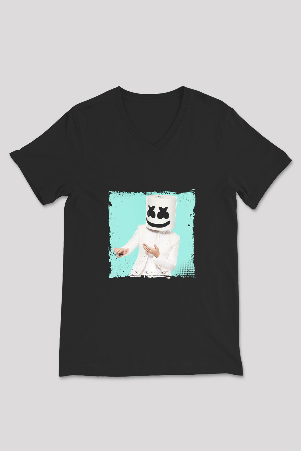 Marshmello Baskılı Unisex Siyah V Yaka Tişört