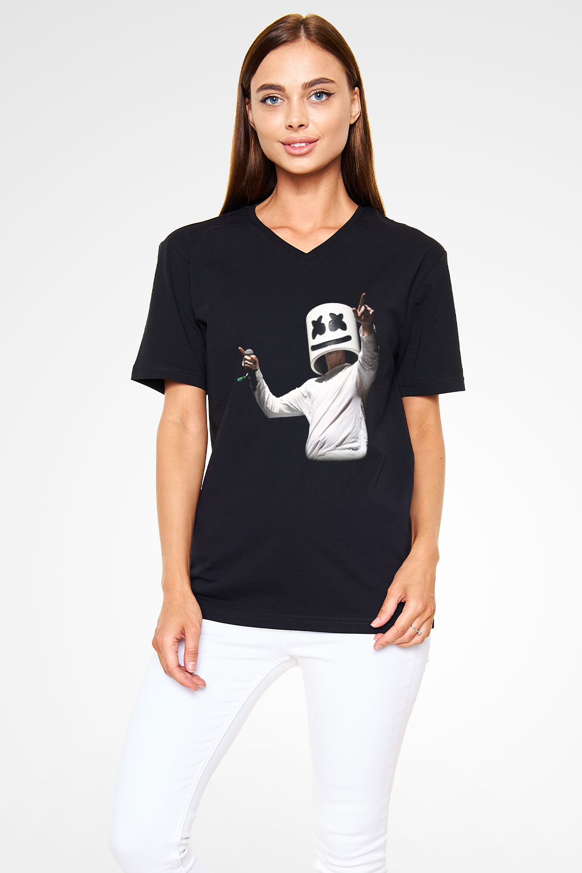 Marshmello Siyah Unisex V Yaka Tişört T-Shirt