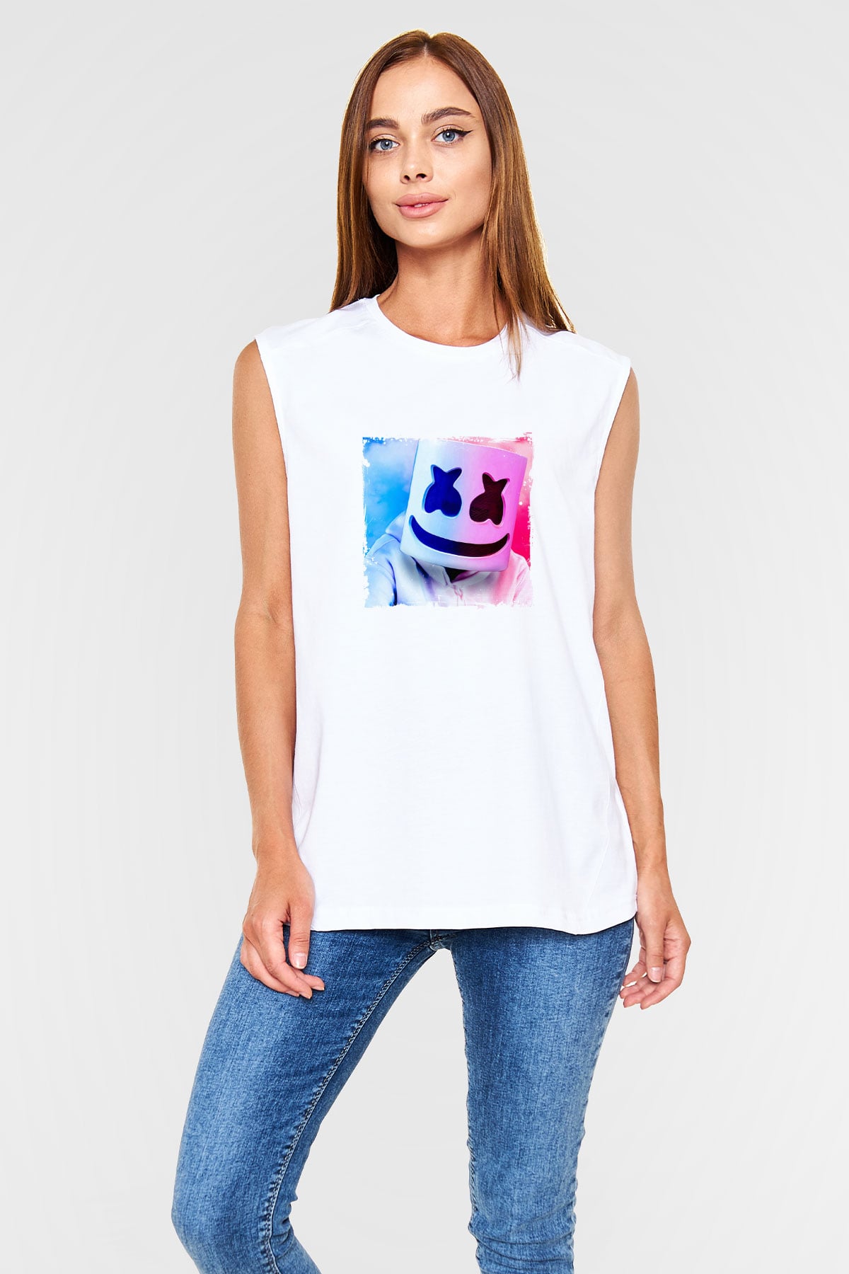 MarshmelloBaskılı Beyaz Kolsuz Tişört