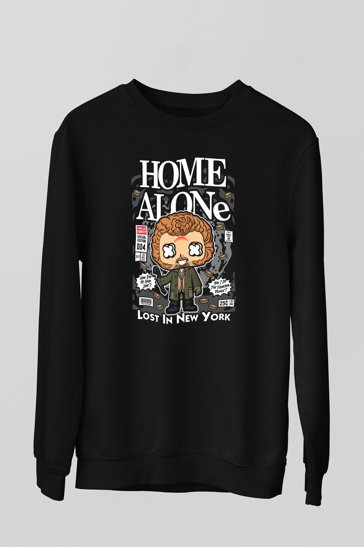 Marv Evde Tek Başına Baskılı Unisex Siyah Sweatshirt
