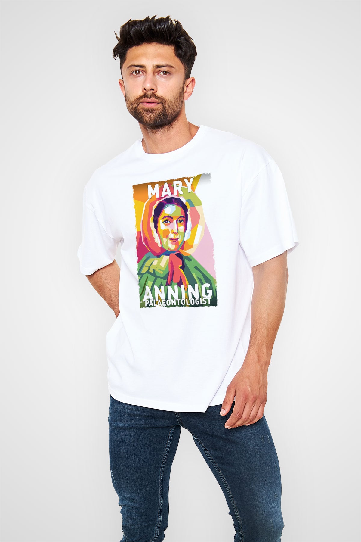 Mary Anning Baskılı Unisex Oversize Beyaz Tişört - Tshirt