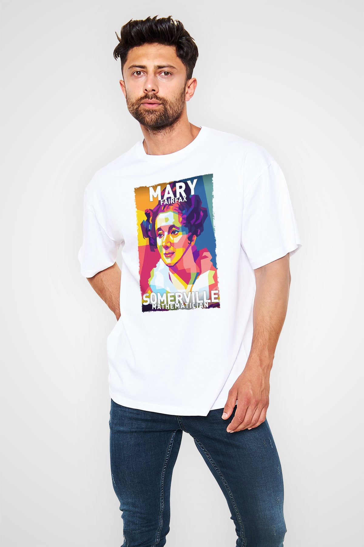 Mary Fairrfax Somerville Baskılı Unisex Oversize Beyaz Tişört - Tshirt