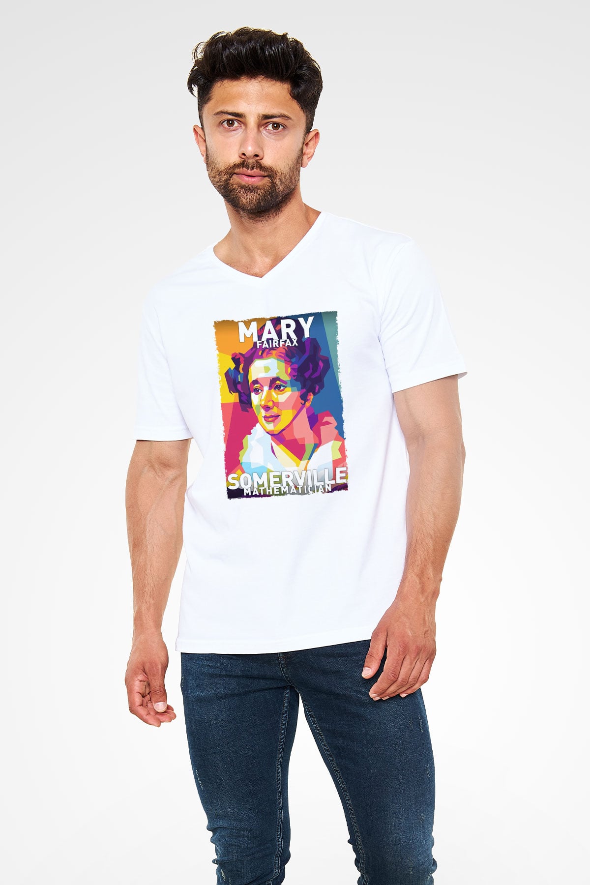 Mary Fairrfax Somerville Baskılı Unisex V Yaka Beyaz Tişört - Tshirt