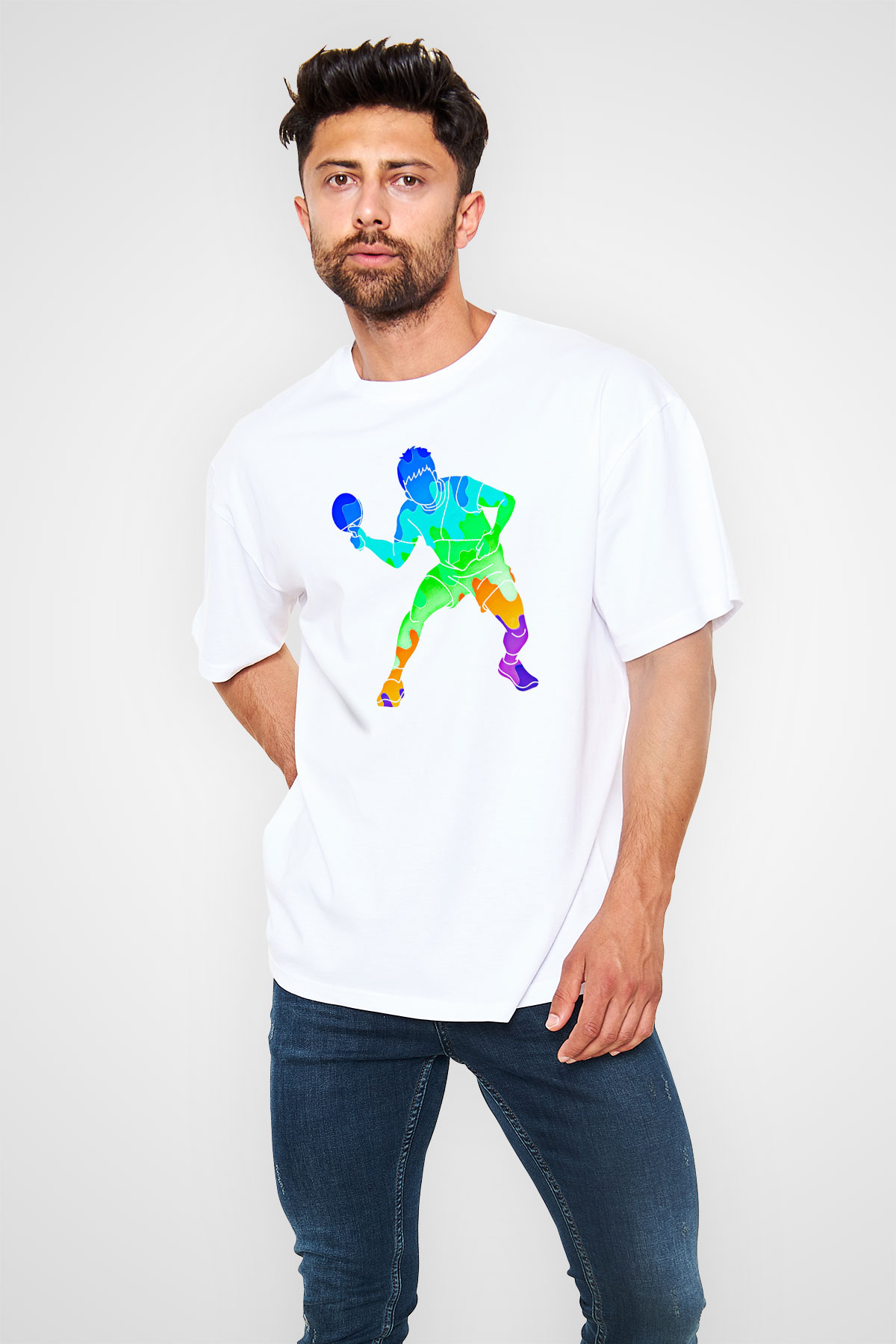 Masa Tenisi Baskılı Unisex Beyaz Oversize Tişört - Tshirt