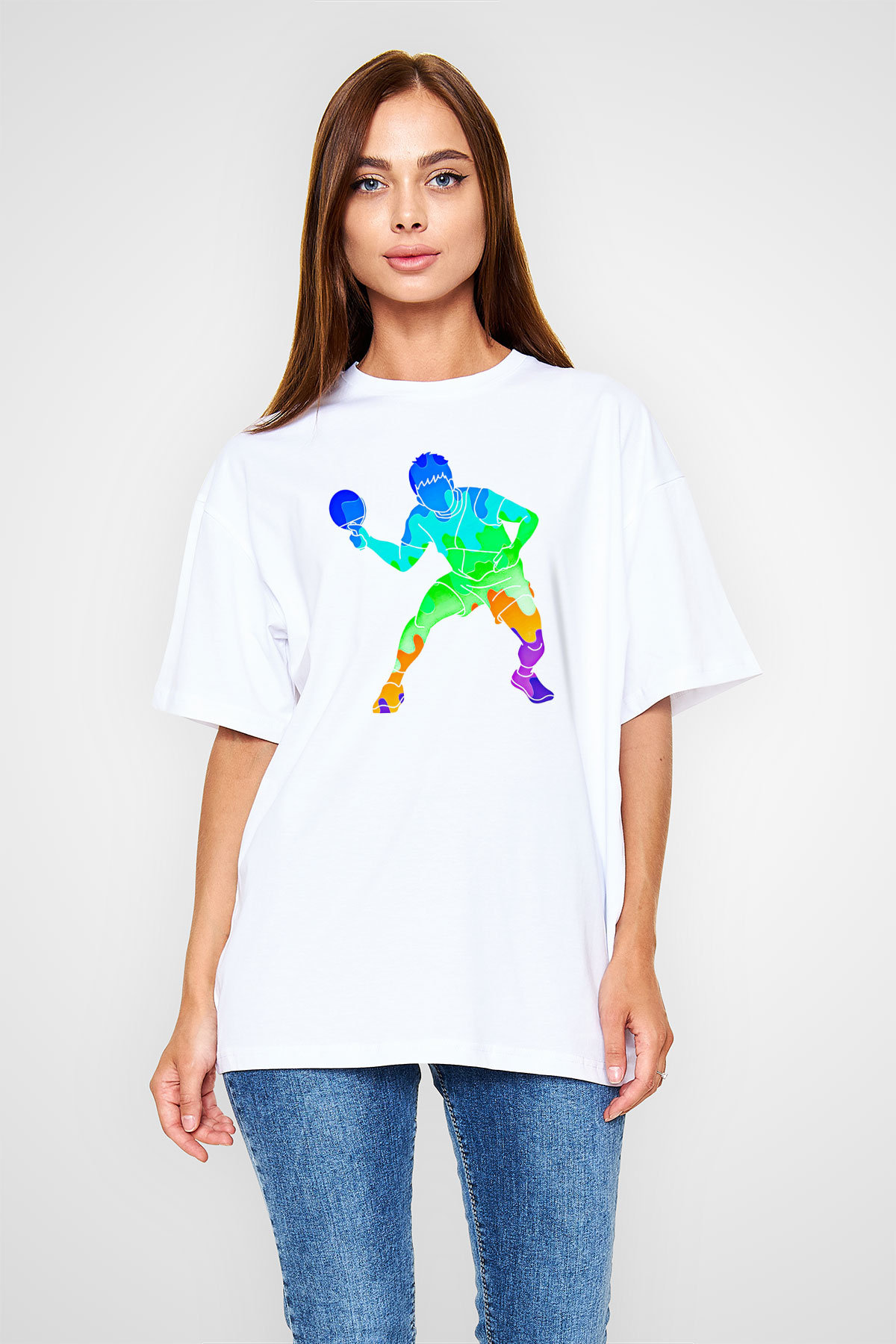 Masa Tenisi Baskılı Unisex Beyaz Oversize Tişört - Tshirt