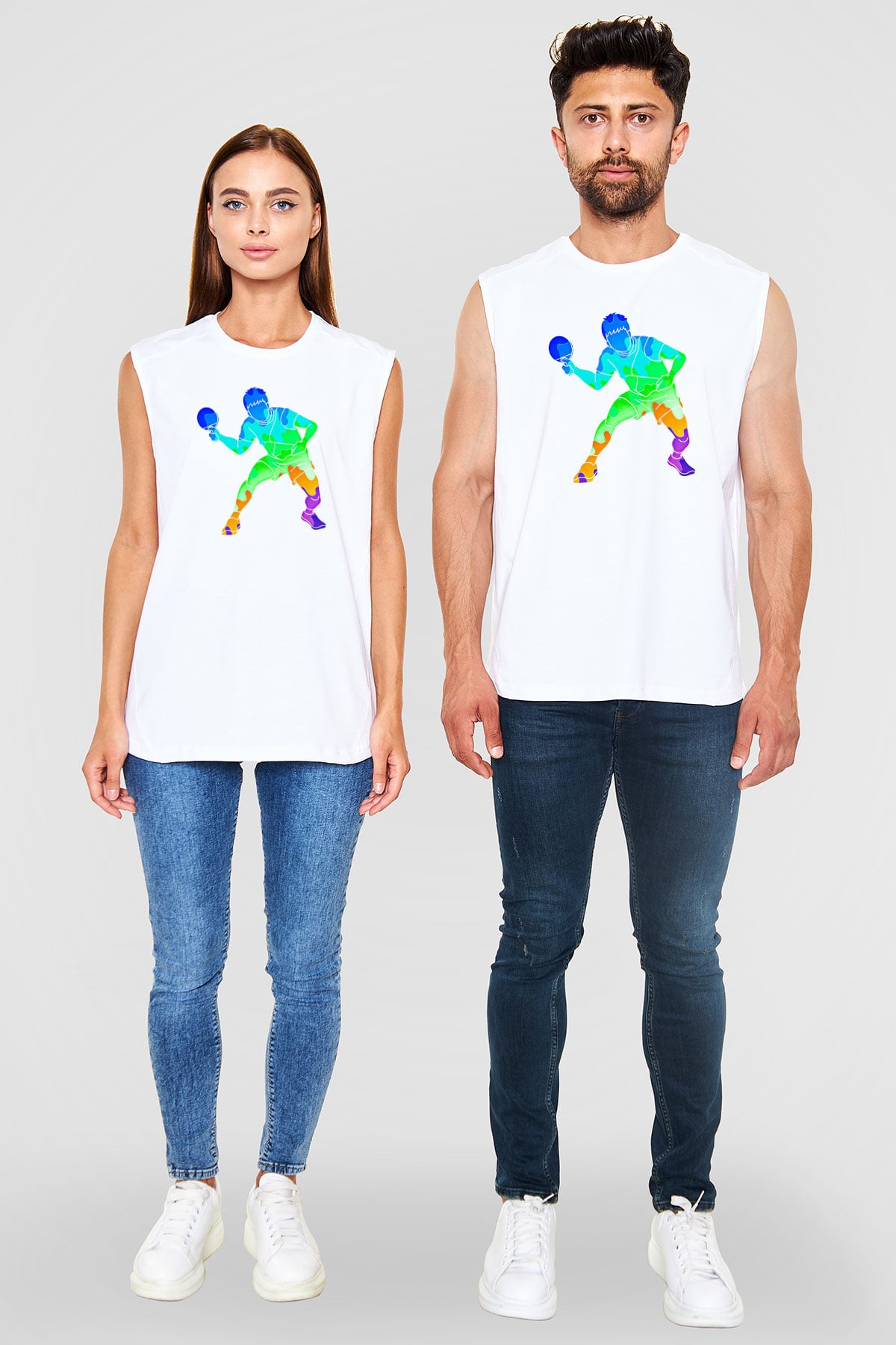 Masa Tenisi Baskılı Unisex Kolsuz Beyaz Tişört