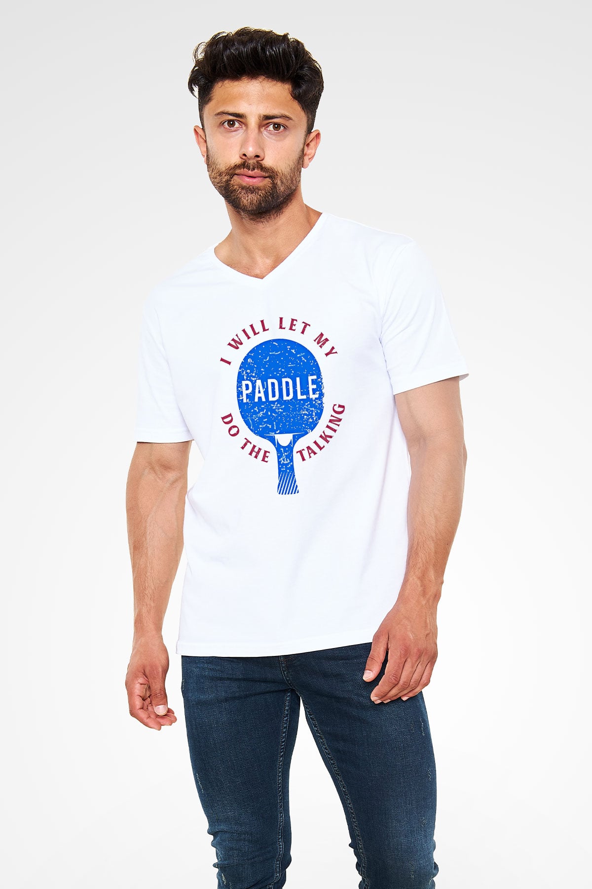 Masa Tenisi Baskılı Unisex V Yaka Tişört - Tshirt