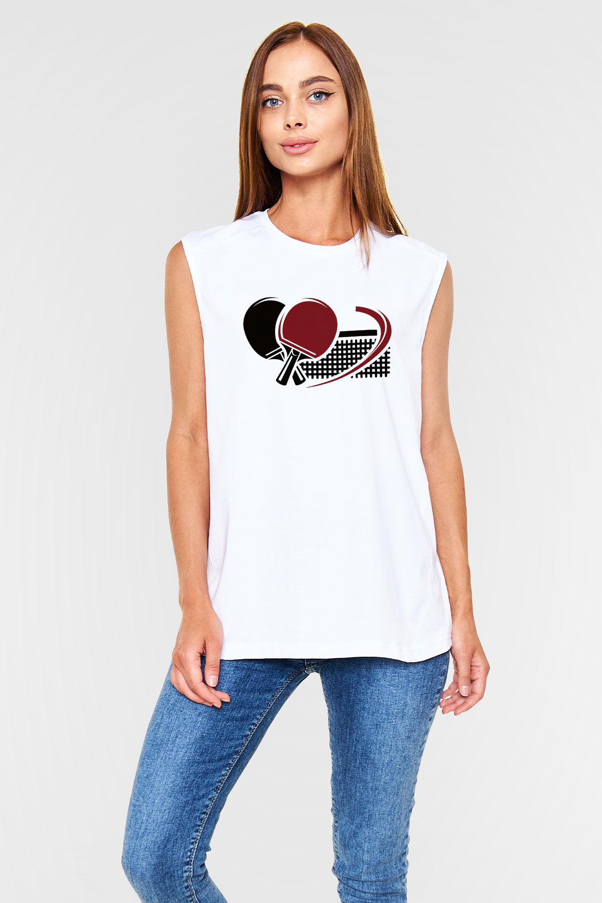 Masa tenisi Beyaz Unisex Kolsuz Tişört