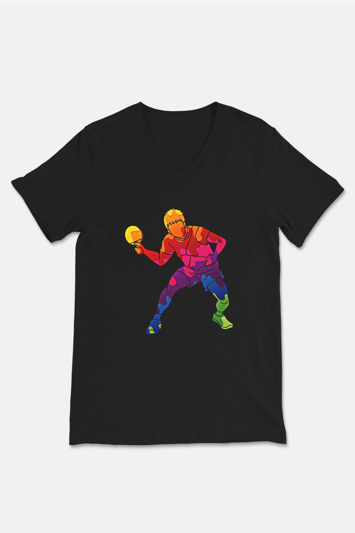 Masa Tenisi - Ping Pong Baskılı Unisex Siyah V Yaka Tişört
