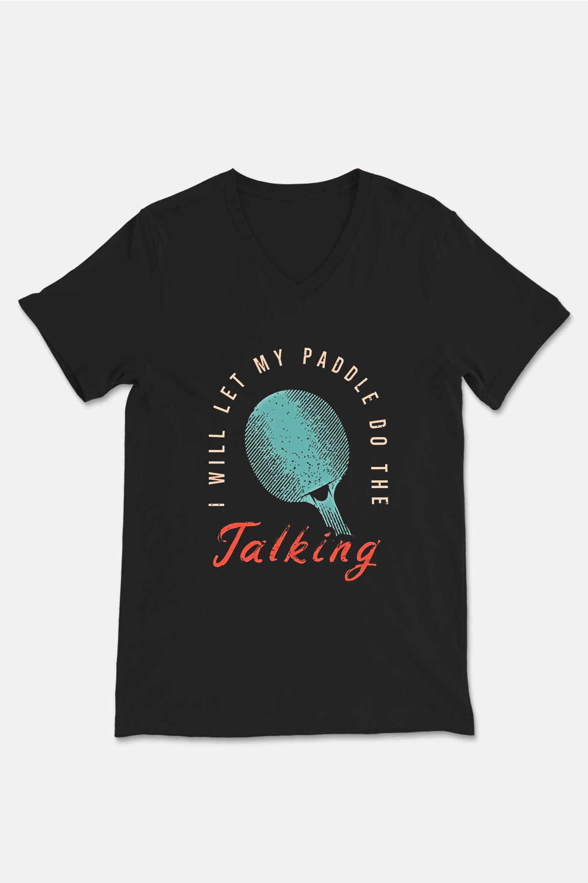 Masa Tenisi - Ping Pong Baskılı Unisex Siyah V Yaka Tişört
