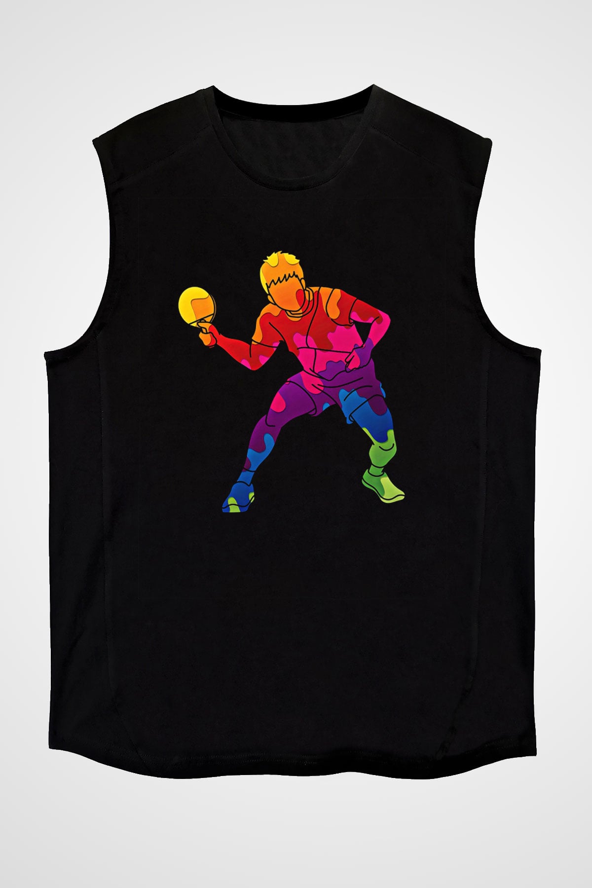 Masa Tenisi - Ping Pong Baskılı Unisex Siyah Kolsuz Tişört