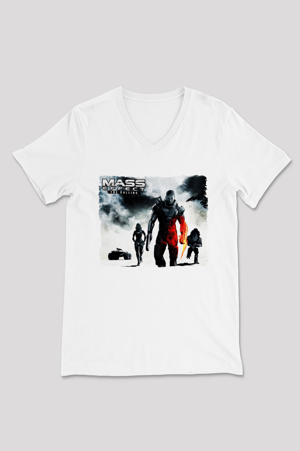 Mass Effect Beyaz Unisex V Yaka Tişört