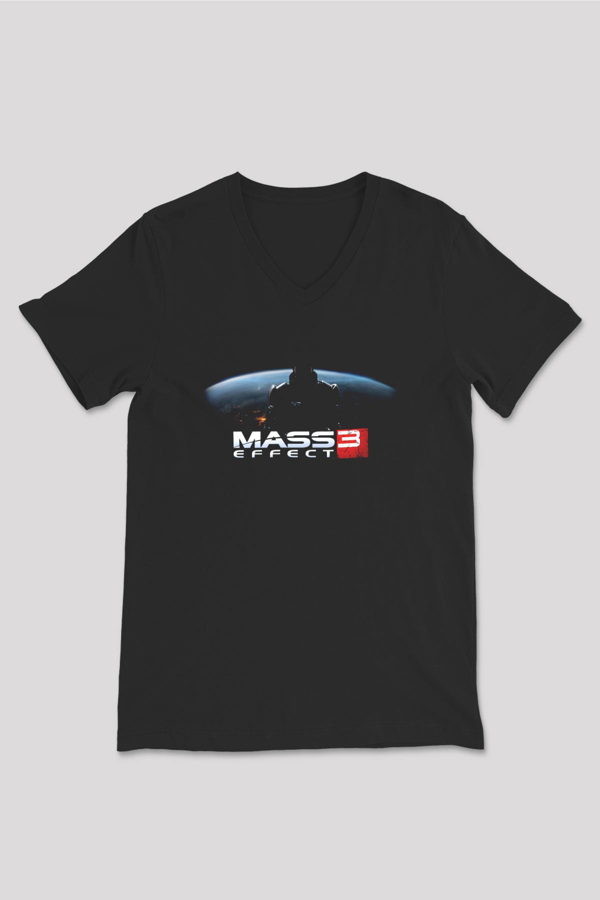 Mass Effect Siyah Unisex V Yaka Tişört T-Shirt